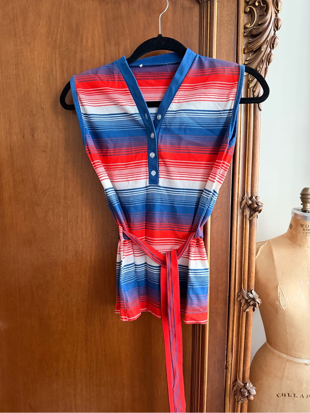 Vintage Red White & Red Striped Button-up Belted Tank Top Tee from the 80s!